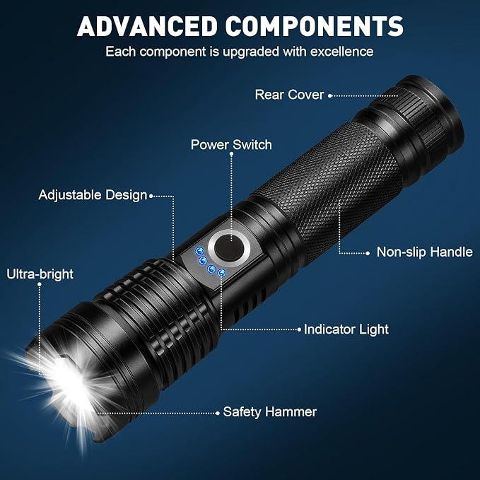 VVBE Rechargeable Flashlights High Lumens 4 Pack, 990,000lm Super Bright LED Flashlight, Adjustable Focus, 5 Modes, IPX6 Waterproof Powerful Flash Lights for Camping Home Outdoor