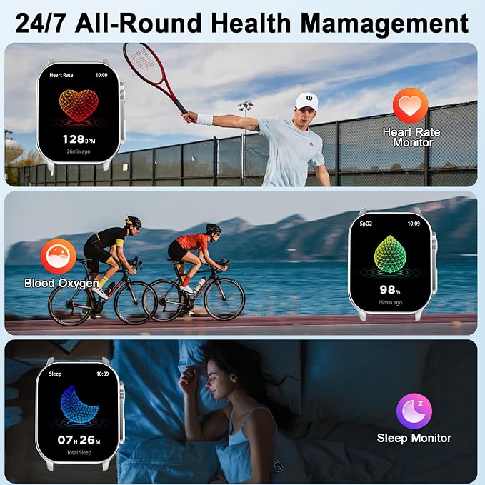 Smart Watch for Men/Women, 2.01" AMOLED Curved Display Fitness Tracker with Answer/Make Calls, 100+ Sport Modes, 24/7 Heart Rate/Sleep Monitor/Pedometer, IP68 Waterproof Watch, for Android iOS Blue