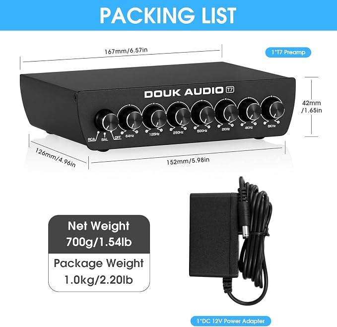 Douk Audio 7 Band Equalizer Balanced EQ Audio Preamp with XLR RCA Input and Output for Home Stereo, Amplifier, Computer Speaker (T7)