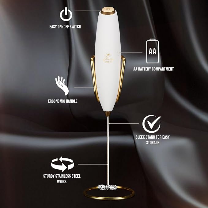 Zulay Kitchen Powerful Milk Frother Wand With Duracell Batteries - Ultra Fast Handheld Drink Mixer - Electric Whisk Foam Maker for Coffee, Lattes, Cappuccino & Matcha - Z1 Motor - Exec White Gold