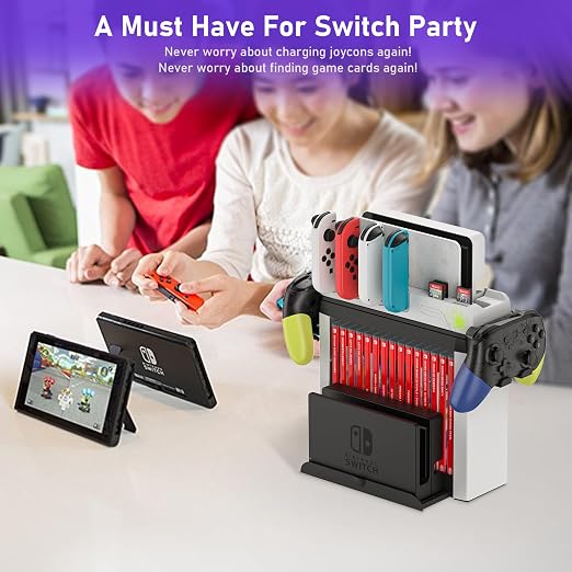 Switch Game Storage with Controller Charger for Nintendo Switch & OLED Model (Designed for Splatoon 3), Switch Charging Dock Charges 6 Joycons, Gaming Accessories Holder Switch Gift Card Organizer