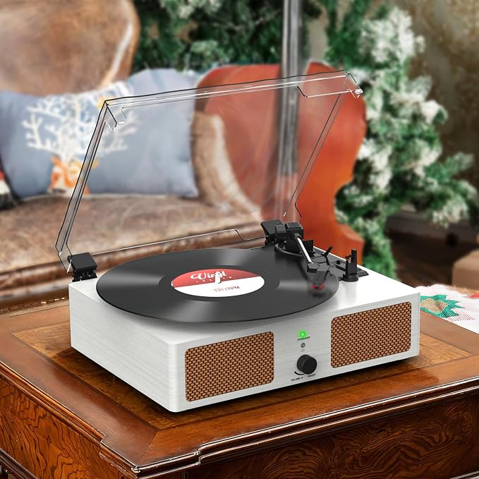 Vinyl Record Player with Built-in Speakers and USB,Belt-Driven Bluetooth Turntable with 3 Speed AUX Input Headphone Jack and RCA Output Vintage Wooden White
