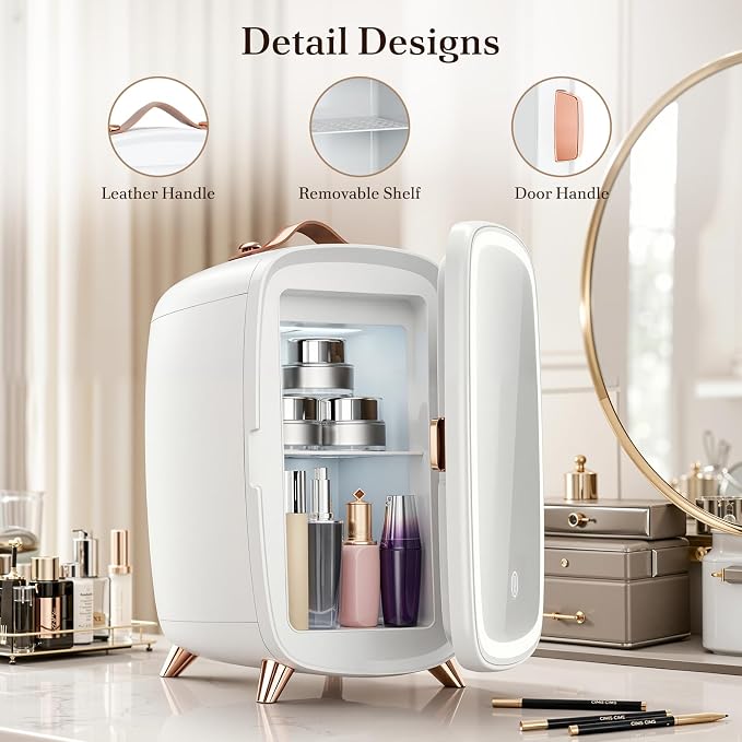 Electactic Mini Skincare Fridge with Dimmable LED Mirror, 6L Makeup Fridge Holds 8 Cans, 7° Lean-Back Mirror Design, Portable Cosmetic Refrigerator for Skincare, Beauty Products & Drinks, White