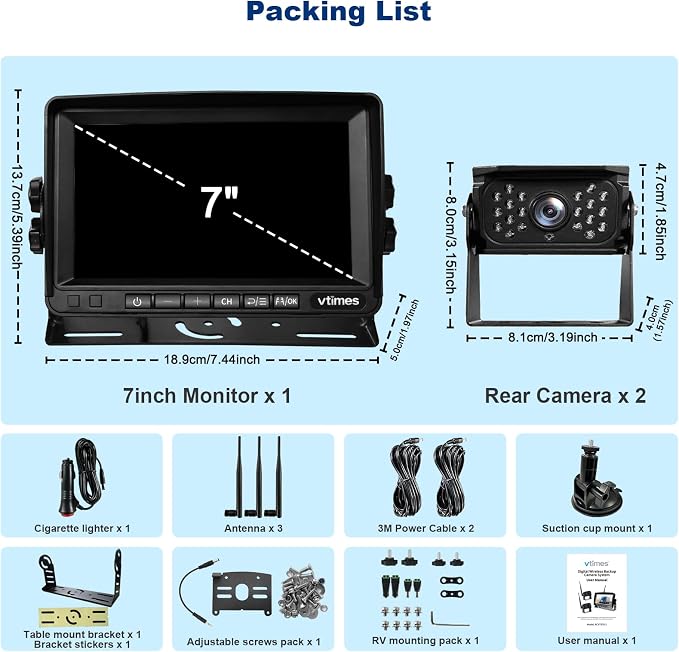 VTimes Wireless Backup Camera 2 Cameras, RV Backup Camera System with 7" Monitor for Truck, 4 Channels Split Screen, BSD Alert, 984ft Signal Range, IP69K Waterproof IR Night Vision, DIY Guide Lines
