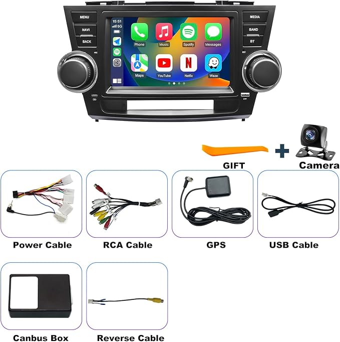 4Core 64G 5GWiFi Upgrade Car Radio for Toyota Highlander 2008-2013, Car Stereo Bluetooth Head Unit 8inch Touch Screen Radio Wireless Carplay Android Auto Backup Camera GPS FM (Only Fit Small Screen)