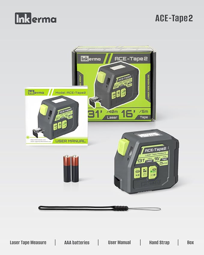 Laser Tape Measure 2-in-1, Inkerma 130Ft Laser Measurement Tool & 16Ft Measuring Tape, Digital Laser Tape Measure