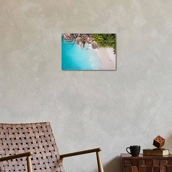 ART.COM Stretched Canvas Print Tropical Beach with Sea and Palm Taken from Drone. Seychelles Famous Shark Beach - Aerial Photo by IM_photo, 24" x 16"