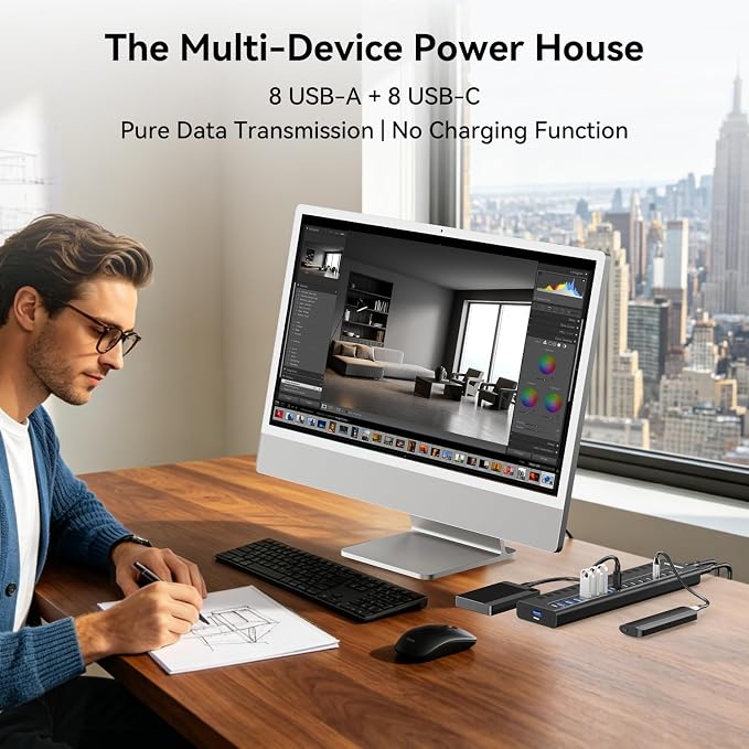 Powered USB Hub 3.2 Gen 2, VANGREE 16 Ports USB Hub (8 USB-A 3.2+8 USB-C 3.2), 10Gbps Aluminum Multiport Expansion Hub with 96W Power Adapter for PC Laptop HDD SSD Flash Drive