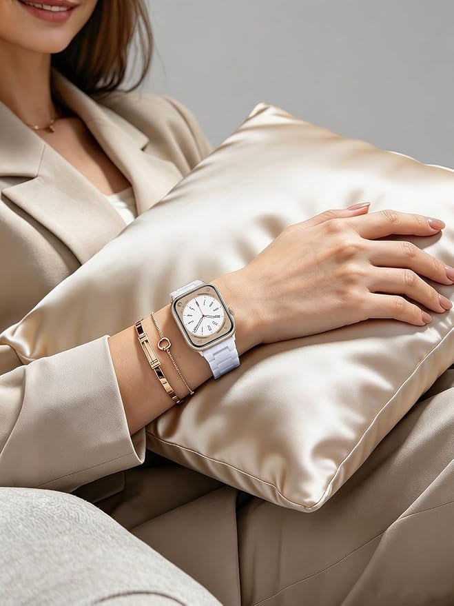 V-MORO Resin Band Compatible with Apple Watch Band Series 9/8/7 45mm 44mm 42mm Lightweight iWatch Strap Series 6/5/4/3/2/1/SE with Starlight Metal Buckle Wristband Women Men(Pure White,42mm/44mm/45mm)