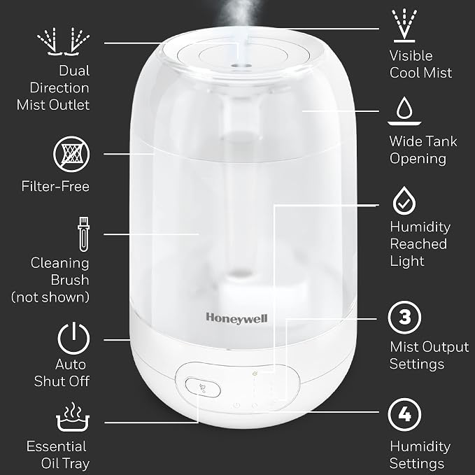 Honeywell Ultra Comfort Cool Mist Humidifier With Humidistat, 1.5 Gal Tank, No Filter, Digital Controls, Cleaning Brush Included, Ultra Quiet, Use With Essential Oils, White, HUL565W