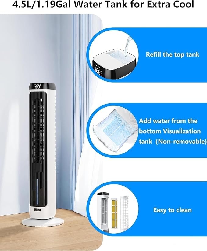 JRD 41" Evaporative Cooler with 3 Speeds, 5 Modes, Remote, 80° Oscillation Swamp Cooler with 12H Timer, Bladeless Tower Fan Cooling Fan for Bedroom Office Home