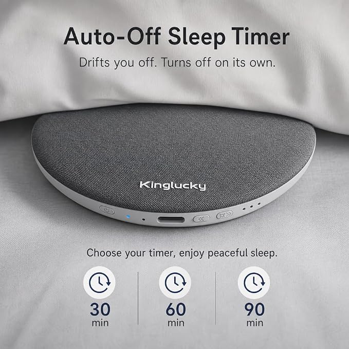 Kinglucky Pillow Speaker for Sleeping, Ultra-Thin Bluetooth 6.0 Under Pillow White Noise Sound Machine for Side Sleepers, Auto Shut-Off, Rechargeable, Travel Portable, Black Grey