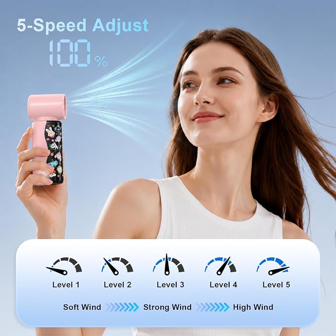 R-fun Colorful Handheld Mini Fan M126, 18000 RPM High-Speed Turbo Personal Fan, Rechargeabl Portable Fan, Flexible Curved Color Screen, Travel Essentials, Summer Gifts for Women and Men, Pink