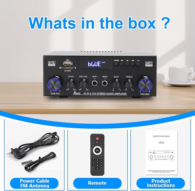 AK52 Home 2.1 Channel Bluetooth 5.0 Stereo Receiver Amplifier, Home 400Wx2+300W Subwoofer Out, FM Radio, USB/SD/AUX, MIC Echo, Remote for Passive Speakers