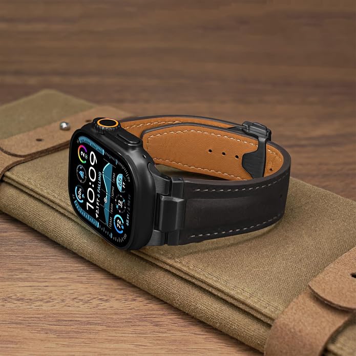 Vintage Genuine Leather Band for Apple Watch Ultra 49mm (2026 Upgrade), Rugged Replacement Strap Compatible with iWatch 46mm 45mm 44mm - for Men Women, Fit Ultra3/2/1, SE 3/2/1, Series11 10/9/8/7/6/5/4