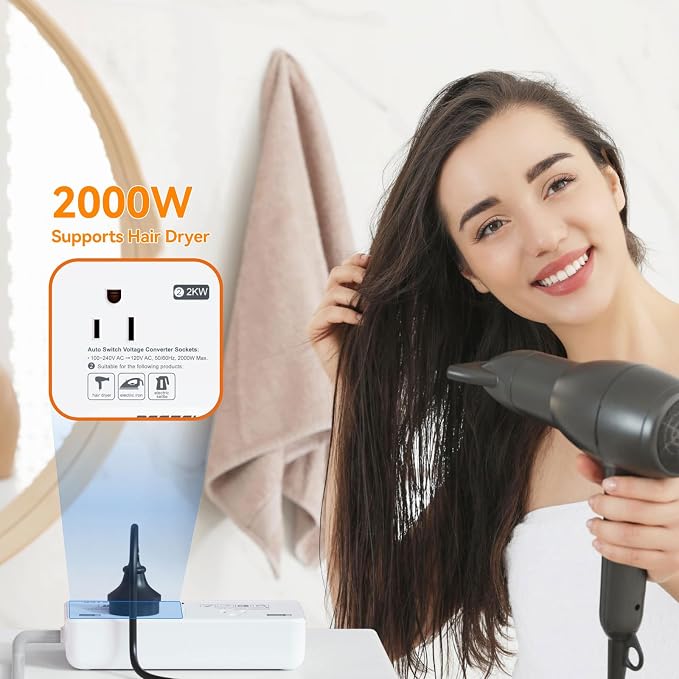 BESTEK 220V to 110V Voltage Converter US to Europe, 2000W Universal Travel Adapter with 2 USB C Ports & 1USB-A Port for Hair Straightener