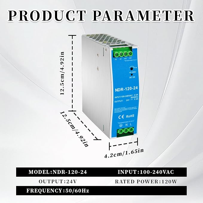 NDR-120-24 Din Rail Power Supply, 120W 24V 5A AC to DC Switching Converter, 100-240VAC Universal Input,with Voltage Adjust & DC OK Indicator