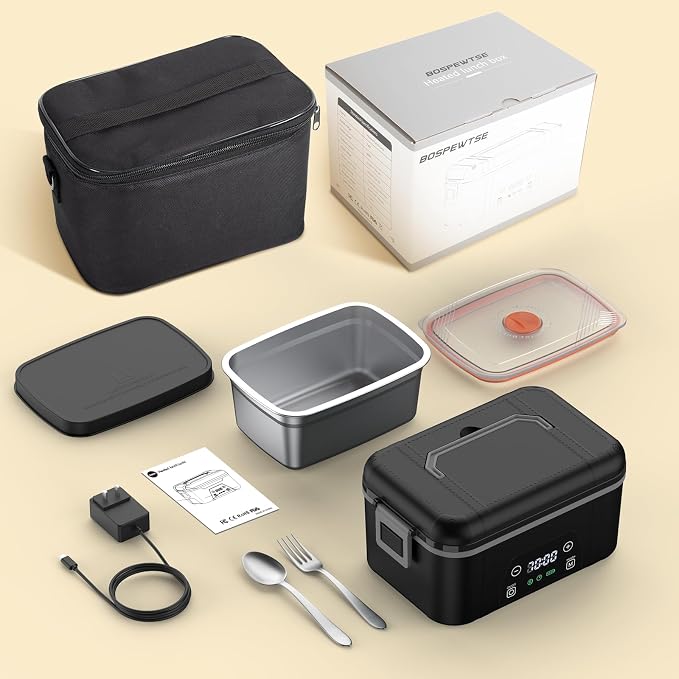 Cordless Heated Lunch Box, Smart Timer Automatic Heating Food Warmer for Adults, 5.5-Cup Portable Electric Lunch Container with Handheld Insulated Bagļ¼Dark Blackļ¼