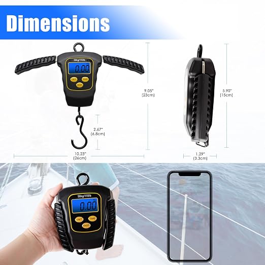 Fish Scale 110lbs/50kg Portable Hanging Fishing Weight Scale Digital Spring Balance Folding Handles Bag Weight Scale Waterproof Hanging Hook Scale with Back-lit LCD Display Fishing Gift for Men
