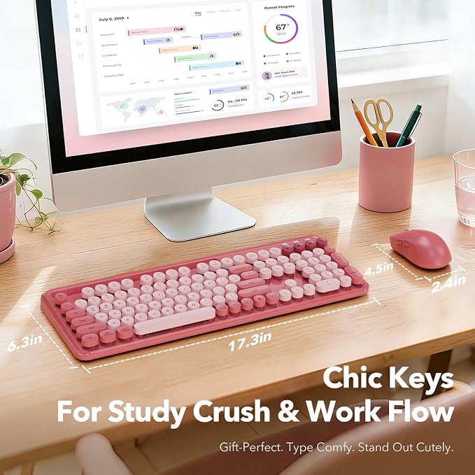 Wireless Keyboard and Mouse Combo, Cute Full-Size Typewriter-Style Keyboard, Retro Round Keycaps, Phone/Tablet Holder, 3-Level DPI Mouse, 2.4GHz Cordless for Mac Windows PC Laptop, Trueque CK13, Rose