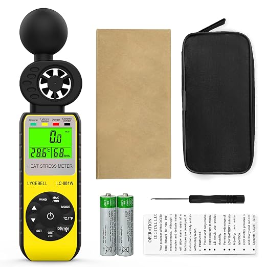 Anemometer & WBGT Heat Stress Meter, Digital Handheld Wind Meter Measures Wind Speed, Wet Bulb Globe Temperature, Humidity, Wind Temp, Outdoor Heat Index Monitor with WBGT Alarm, HVAC Wind Gauge 881W