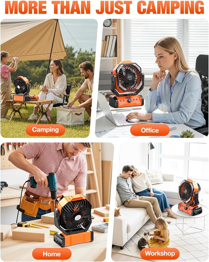 kejector Camping Fan 24000mAh Rechargeable Battery- Dual Motor & 8 Blades, Step-less Speed, Remote & Timer, Auto Swivel, 6 LED Light Modes, Hanging/Stand Anti‑Drop for Outdoor, Camping, Tent, Home