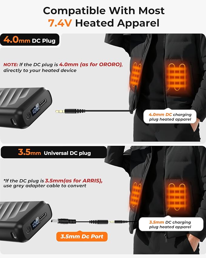 7.4V/5V 3A 20000mAh Heated Vest Battery Pack for Ororo Soleilwear TIDEWE, Portable Power Bank with LED Display (NOT for DC 12V)