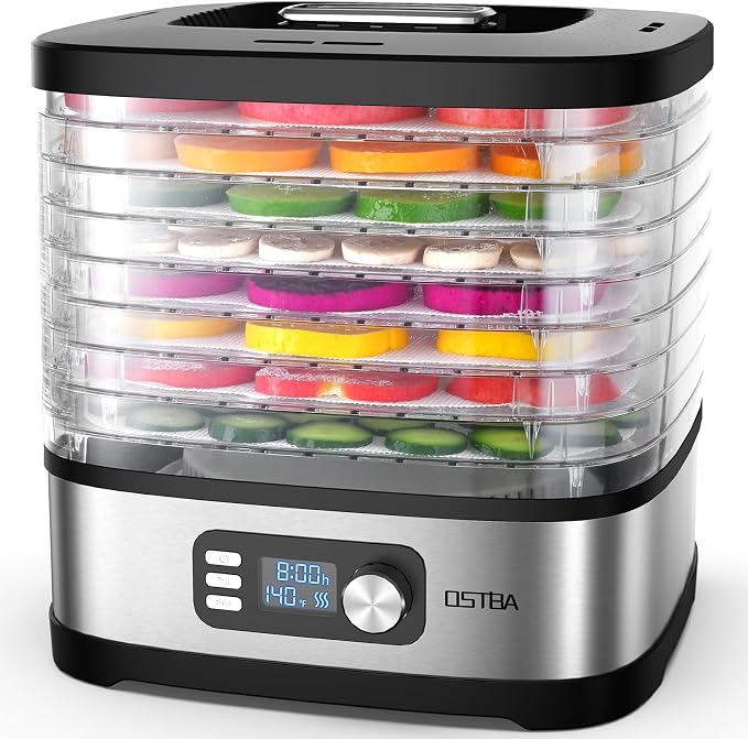 OSTBA 8-Tray Food Dehydrator, 72H Timer & Temp Control up to 158℉, Includes 8 Mesh Sheets, 1 Fruit Roll Tray, 1 Tongs, Recipe Book for Jerky, Fruit, Meat, Vegetables, Herbs, BPA-Free