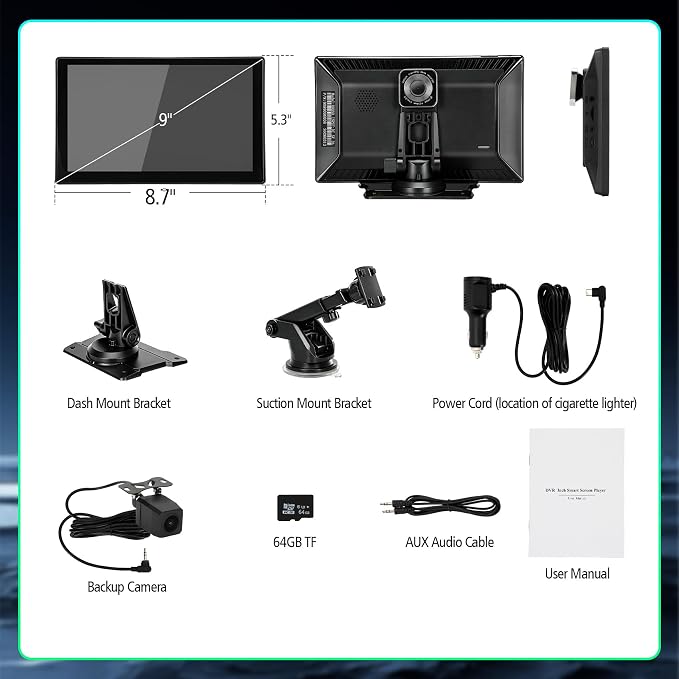 9" Wireless Apple Carplay Screen for Car, Portable Apple Carplay & Android Auto Touch Screen with 4K Dash Cam, 1080P Backup Camera DVR, Mirror Link, GPS Navigation, Voice Control, Bluetooth, FM