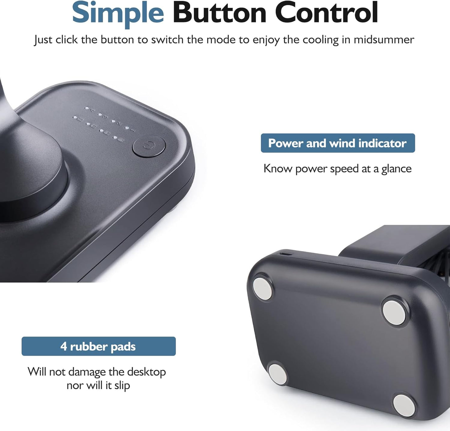 CONBOLA Small Desk Fan for Bedroom, 3600mAh Battery Powered Rechargeable Fan, USB Fan for Desk, 4 Speeds Air Circulator Quiet Table Fan for Home Office, Blue