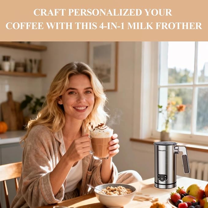 Novalife Milk Frother, 4 in 1 Milk Frother and Steamer with Two Whisks, Frothing Whisk and Heating Whisk, Automatic Warm and Cold Foam Maker for Coffee Latte Cappuccino Macchiato Hot Chocolate Matcha
