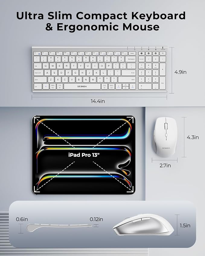 seenda Wireless Bluetooth Keyboard Mouse Combo, COE401 Rechargeable Silent Keyboard Mouse Compact Slim, 3 Multi-Device Connection, Compatible for Windows/Mac PC Laptop MacBook iPad, White Silver