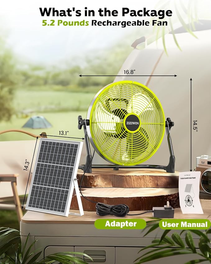 14" Solar Fan, 25W Solar Powered Cordless Greenhouse Fan, Rechargeable Battrey, Portable, 360° Tilt, 8~60H Runtime, for Outdoor Camping Gazebo Chicken Coop Patio Travel Shed Barn