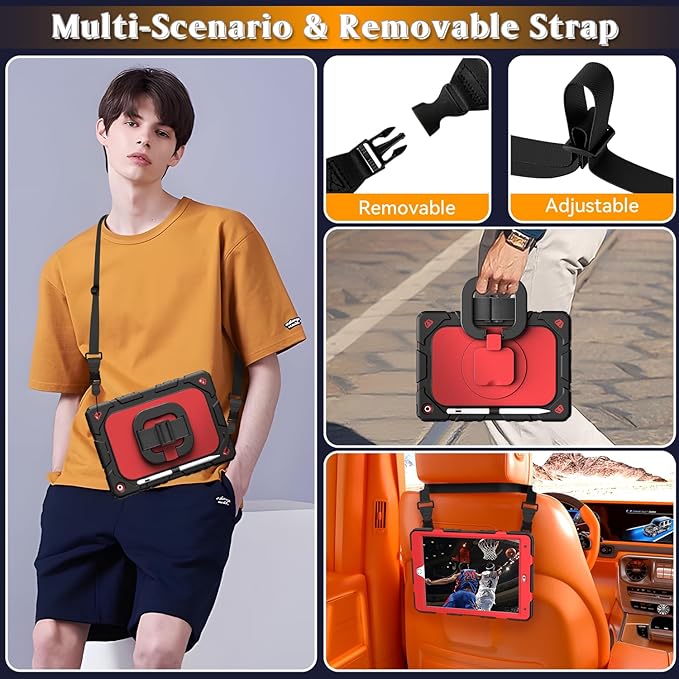 Grifobes for iPad 9th/8th/7th Generation Case, for iPad 10.2 Inch 2021/2020/2019 Case Cover with Screen Protector, 360°Rotate Stand, Hand & Shoulder Strap, Pencil Holder for Kids, Black Red