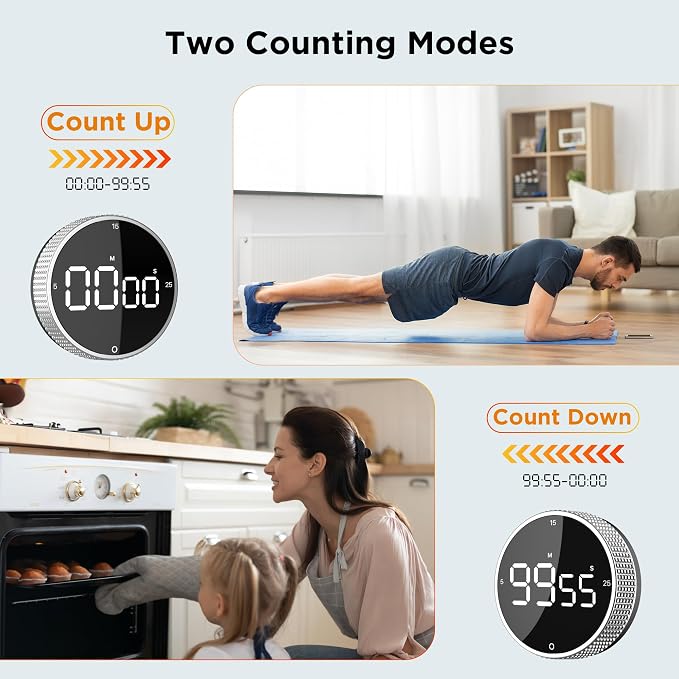 Digital Kitchen Timer - Magnetic Countdown Count Up Clock with Large LED Display, 5/15/25 Min Presets, 3 Volume Levels, Rotary Dial for Cooking, Productivity, Classroom, Fitness (2, Silver)