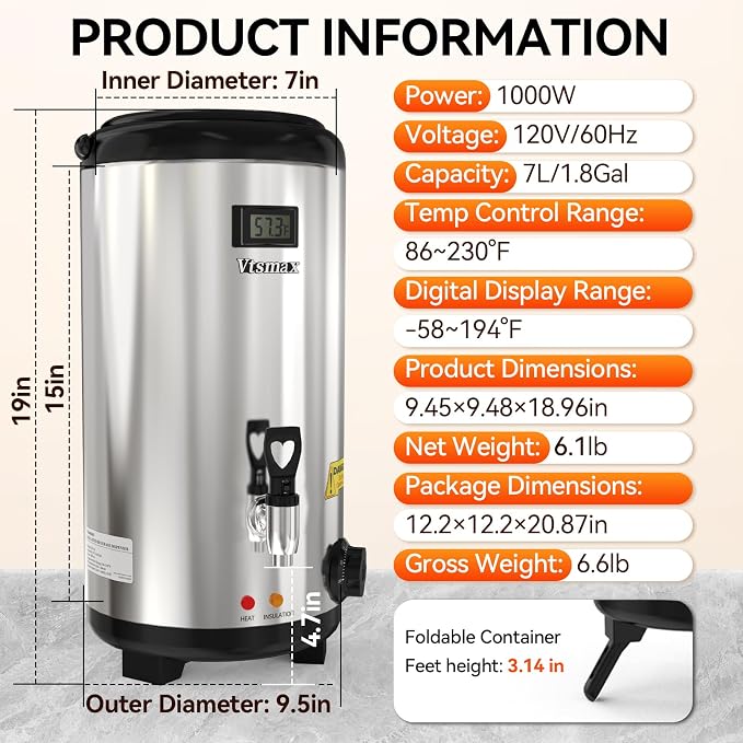 Electric Insulated Beverage Dispenser with Stand 2 Gallon Hot & Cold Drink Dispenser 86-230℉ Adjustable Temperature Real-Time Temperature Display for Tea and Coffee (Silver)
