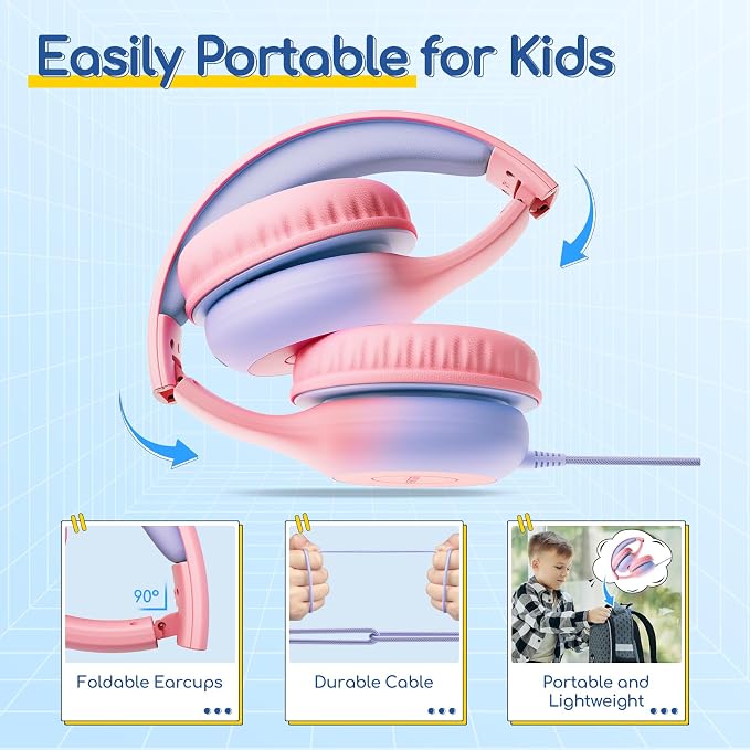 EarFun Kids Headphones Wired with Microphone, USB Type C Headphones for Kids, 85/94dB Volume Limit, Portable Wired Headphone with Shareport, Stereo Sound Foldable Headset for School/Tablet/PC, Pink