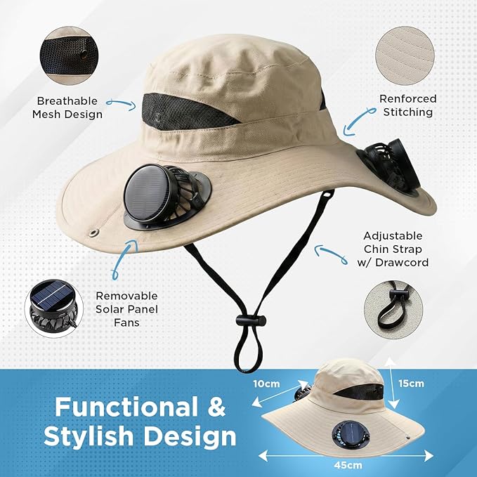 Portable Fan with Solar Fan Hat 2-in-1 Combo, Wide Brim UPF 50+ Sun Hat with Detachable 4-Speed Neck/Waist Fan, LED Light for Camping Hiking Fishing Outdoor