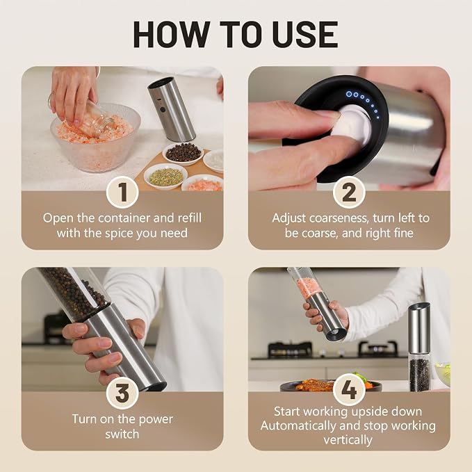 Gravity Electric Salt and Pepper Grinder Set, USB Rechargeable Stainless Steel Mills with Large Capacity Tall Glass, LED Light, Adjustable Coarseness, Ideal for Kitchen and Dining(2PCS)