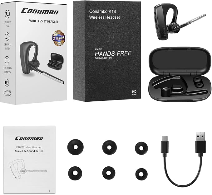 Conambo Bluetooth Headset with Dual Mic Noise Canceling & Mute Button Wireless Earpiece 16 Hrs Talking for Home Office Trucker – Compatible with iPhone Android Phone (K18)