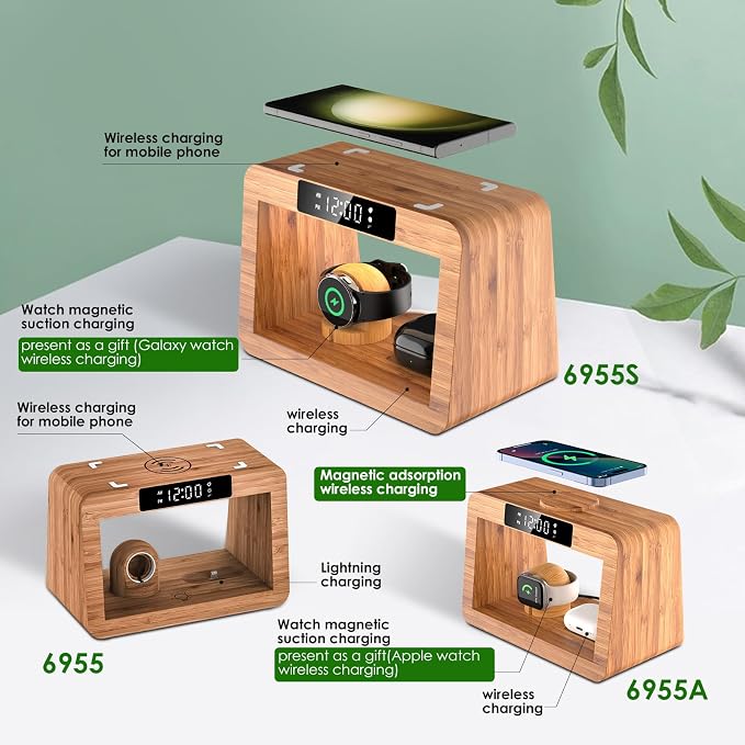 Bamboo Wireless Charger Station for Samsug Galaxy, for Samsun High Speed Charging Station, Wireless Phone Charger Station, Wireless Charger for Samsun Watch (with Alarm Clock for Samsung)
