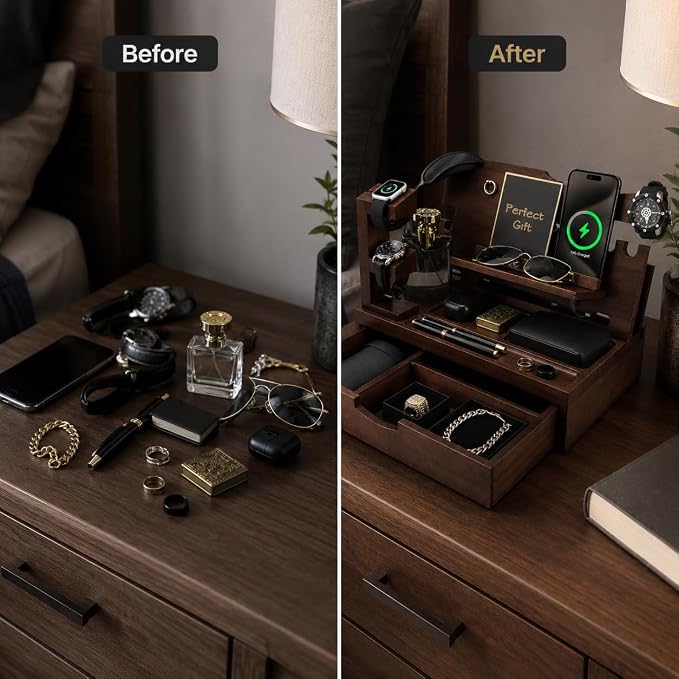 Nightstand Organizer for Men with Large Drawer, Wood Phone Docking Station for Phone, Apple Watch, Wallet & Keys, Ideal Birthday Gift for Father Husband, Bedside Desk Organizer (Espresso)