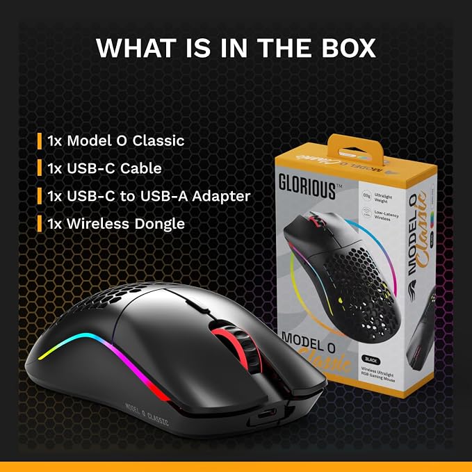 GLORIOUS Model O Classic Wireless PC Gaming Mouse - Low Latency, 19k DPI Sensor, Lightweight Honeycomb 69g, Customizable RGB, 100M Click Mechanical Switches, Programmable Buttons - Black