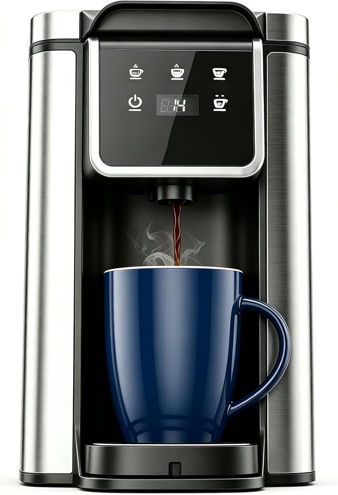 Single Serve Hot & Iced Coffee Maker for K Cup and Grounds, Single Cup 6-14 Oz Brew Sizes, 50oz Removable Tank, Descaling Reminder, Stainless Steel, Black