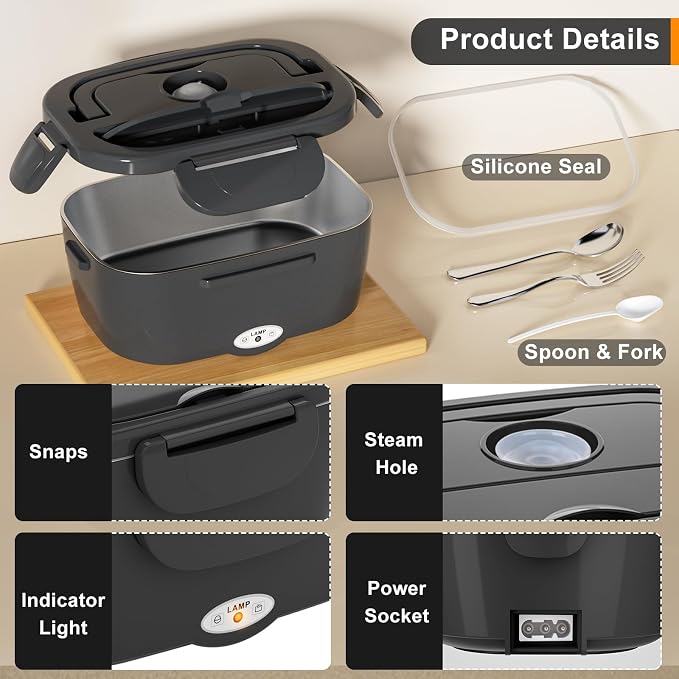 Akhia Electric Lunch Box for Adults, 80W Rapid Heated Lunch Box 12V/24V/110V for Car/Truck/Office/Travel with 1.5L Stainless Steel Container Fork & Spoon & Insulated Bag