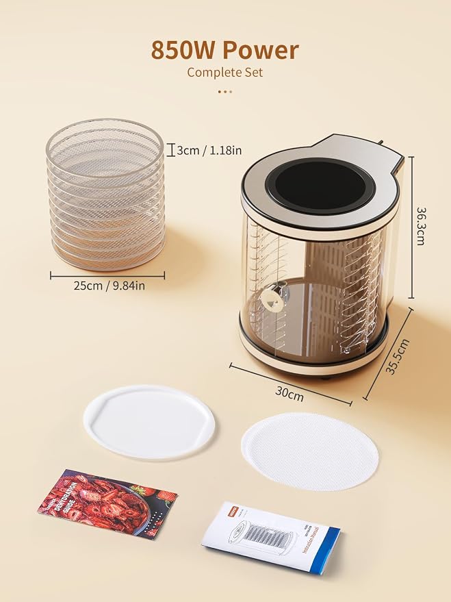 Reemix10-Tray Stainless Steel Food Dehydrator, 360° Rotating Cylinder Design for Even Drying, Large Capacity Transparent Food Dryer for Fruit, Meat, Vegetables, Pet Treats, Home Use
