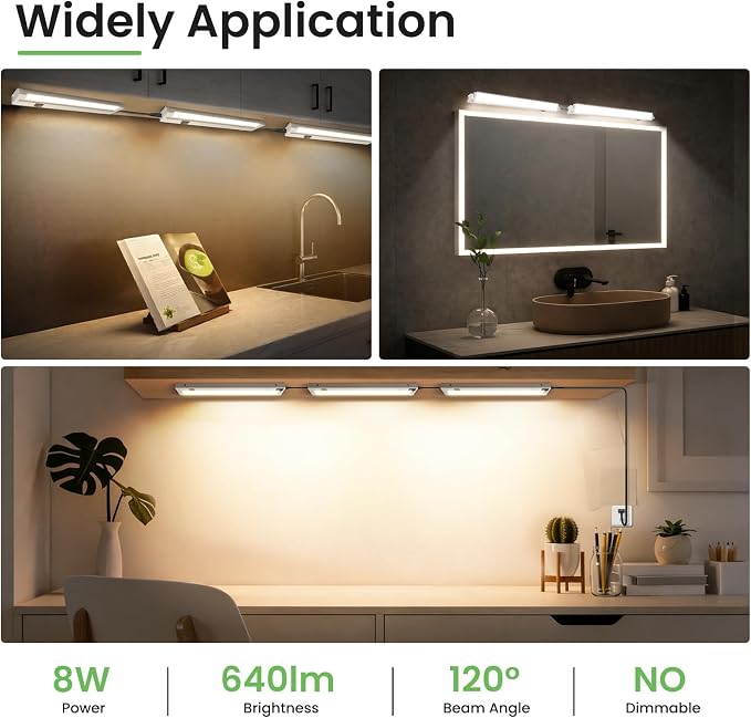 ALUSSO Under Cabinet Lighting, 12 Inch Linkable LED Under Cabinet Lights with Plug, 150° Swivel Light Bar, 3 Color Temperatures (3000K/4000K/6500K), 8 W 640 Lumen, for Kitchen Counter, Closet - 2 Pack