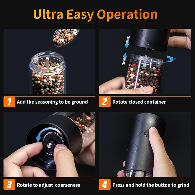 4Pack Electric Salt and Pepper Grinder Set USB Rechargeable with Warm LED Light, Adjustable Coarseness Lidaop Large Capacity Automatic Salt Pepper Mill Shakers for Kitchen, Black Set