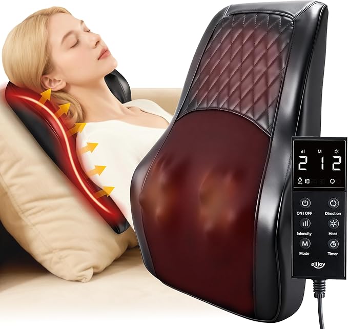 ALLJOY Back Massager with Heat, Electric Shiatsu Massage Pillow with LCD Display, 4 Modes & 3 Intensities Deep Tissue Kneading for Lower Back, Neck, Shoulder, Leg, Ideal Gifts for Men, Women