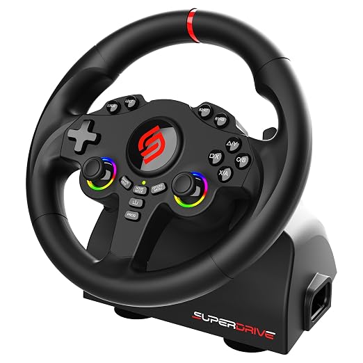 SUBSONIC Superdrive 220RS Racing Wheel Switch 2/Switch PS4 PC Xbox series | Steering Wheel with Dual Joysticks for GTA 6 & Famring simulator- LED - Vibration - Diameter 22 cm, Rotation 180° - Pedals